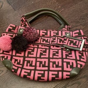Fendi logo pink brown handbag purse with belt design and pom poms